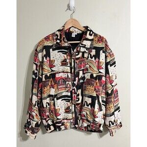 Vintage Fuda International 100%silk Womens Medium Castles Print Windbreaker